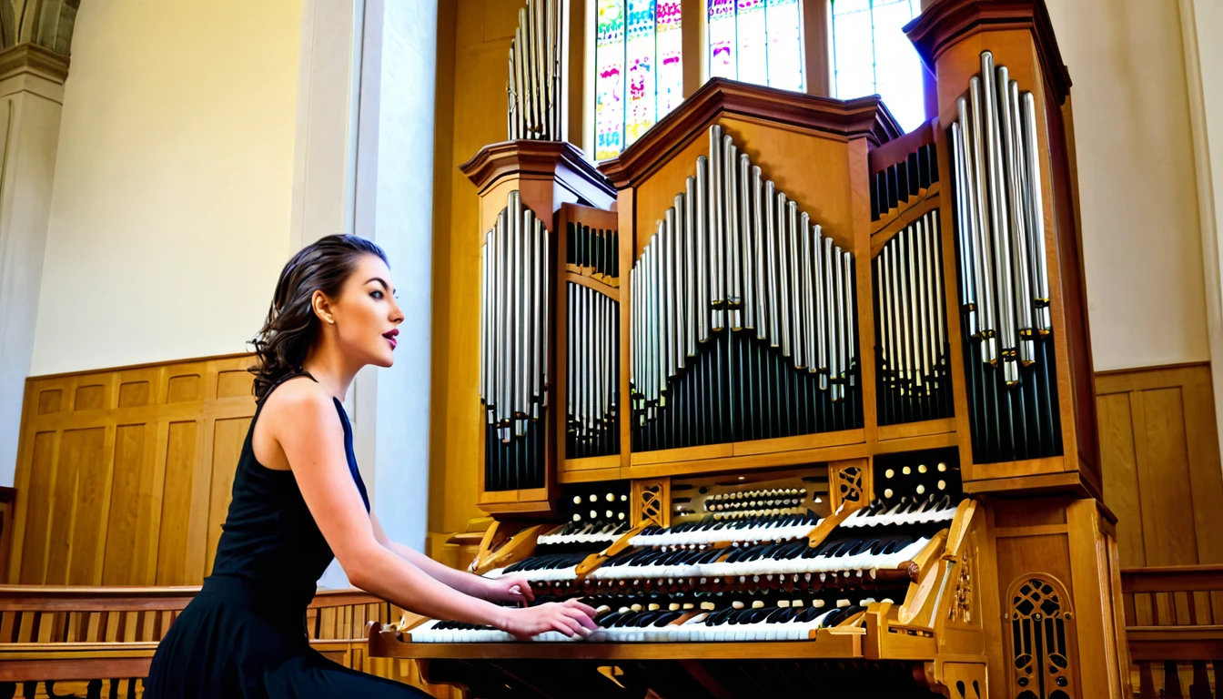 A beautiful woman playing a large pipe organ