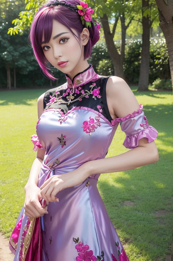 (masterpiece:1.4), (best quality:1.4), ultra high res, ultra high resolution, ((ultra detailed facial features)), HDR, (realistic, photorealistic, photo-realistic:1.37), full body Esbian, sexy Vietnamese model, (-anime), vivid colors, ((vivid colors multicolor (fuchsia, pink, light blue, purple) very short hair)), (seductive smile), ultra detailed metallic makeup, lip-gloss, long lashes, defined eyebrows, wearing large sparkling colorful jewelery, wearing a red silk Paradise Kiss cosplay dress with black floral embroidery, ((vivid colors outfit)), vivid colors, look at the camera, cinematic light, large park background with trees, sweet and sexy pose