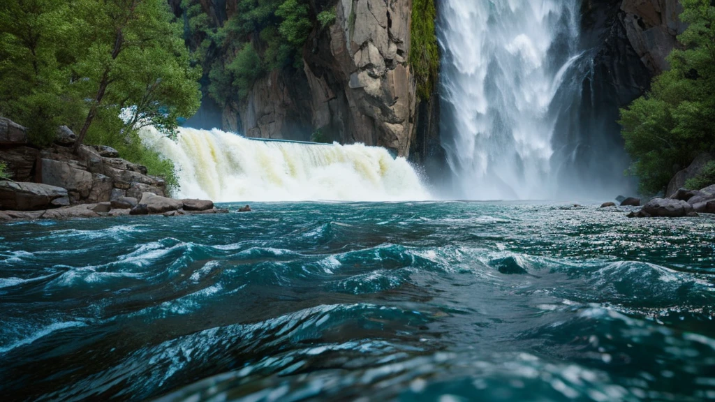 A realistic image of a movie theater with a dramatic river with rapids crashing over rocks and into aisles. The raft is crashing out from the movie screen into the theater changing from movie image to a real river raft crashing through the screen. Waves splash out from the movie becoming rivers of realistic water moving from the movie screen and flooding the floor onto surprised & horrified people below & creating a river down the aisle.