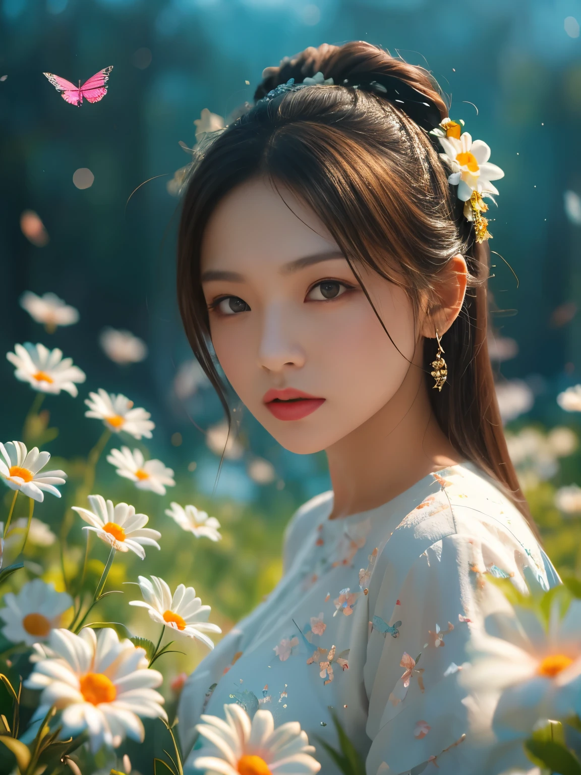 Sense of ambience,portrait,photography,girls in the garden,thousand flower glass style,meteor,butterfly,sword,(best quality, 4K, high resolution, masterpiece:1.2),bright colors,detailed flowers,sparkling glass,charming patterns,delicate petals,glowing sword hilt,ethereal light,complex blades,rotating stars,charming atmosphere,