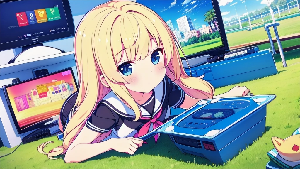 score_9, score_8_above, score_7_above, fountain_cheered up, 1 girl, Switchchan, heterochromia, sailor collar, , shirt, serafín, black thighs, Game control, holding Game control, Session, happy, television, looking at television, on one side,