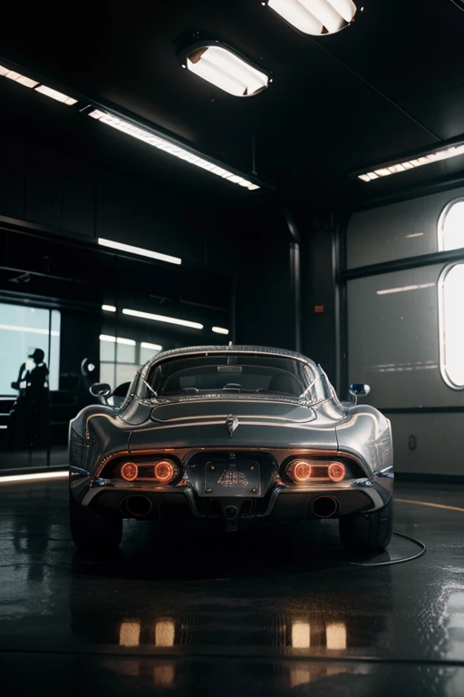 a futuristic 1950s car, intricate details, highly detailed, photorealistic, 8k, best quality, masterpiece, cinematic lighting, dynamic angles, chrome accents, neon highlights, glossy metallic finish, retrofuturistic design, advanced technology, floating hover car, smooth curves, sleek silhouette, dynamic poses, dramatic shadows, vibrant colors, volumetric lighting, ray-traced reflections, advanced materials, precise engineering, cutting-edge innovation