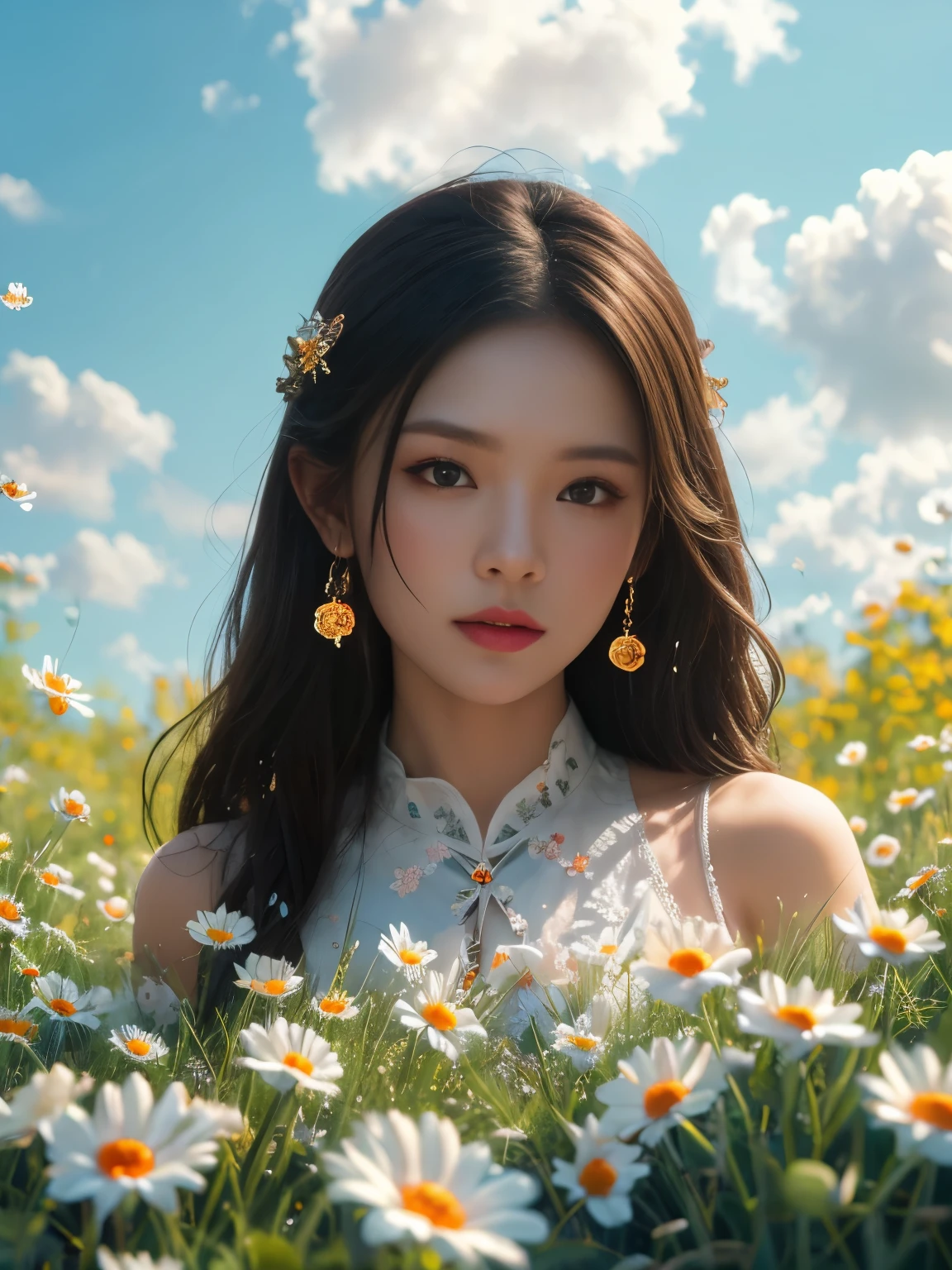 Sense of ambience,portrait,photography,girls in the garden,thousand flower glass style,meteor,butterfly,sword,(best quality, 4K, high resolution, masterpiece:1.2),bright colors,detailed flowers,sparkling glass,charming patterns,delicate petals,glowing sword hilt,ethereal light,complex blades,rotating stars,charming atmosphere,