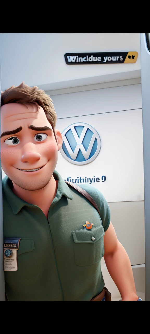 Disney Pixar 3D, high qualiy, young brunette man, firefighter, Volkswagen logo on the back 