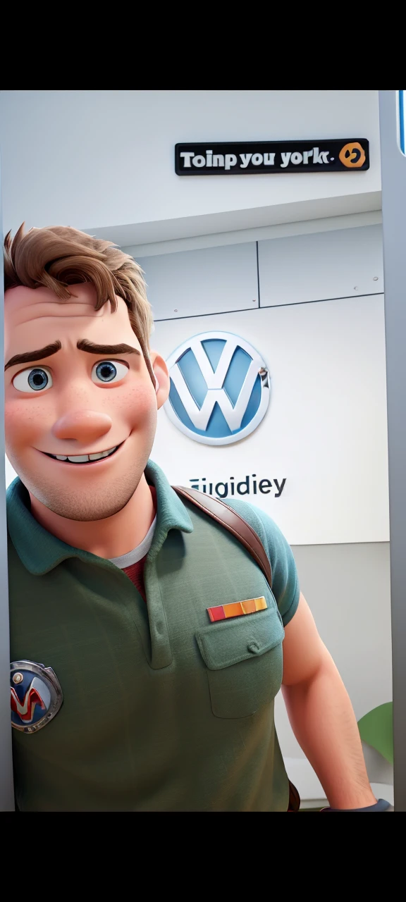 Disney Pixar 3D, high qualiy, young brunette man, firefighter, Volkswagen logo on the back