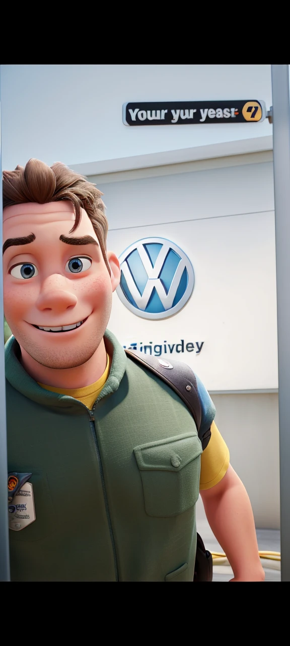 Disney Pixar 3D, high qualiy, young brunette man, firefighter, Volkswagen logo on the back