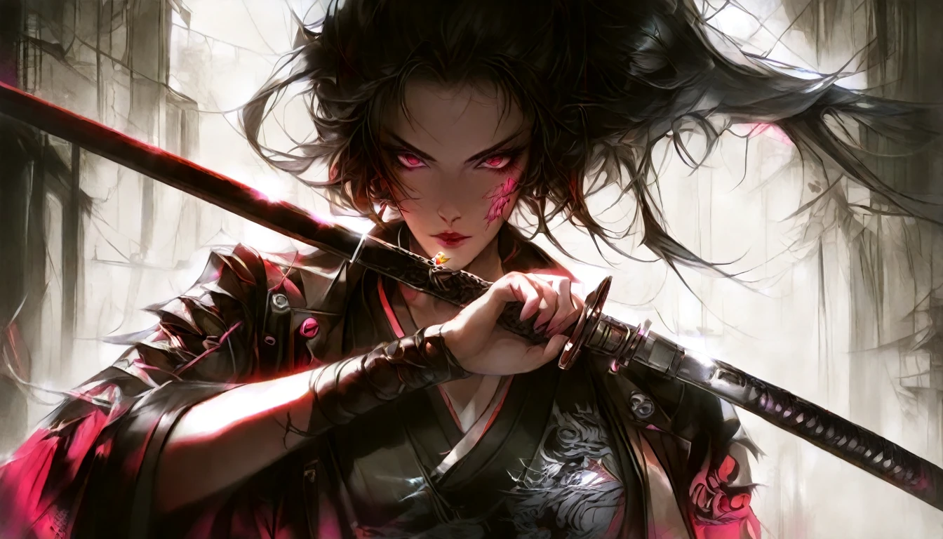 anime, anime, demon, sword, red, black, art, artwork, artwork, digital, artwork, digital art, digital painting, digital art, very beautiful cyberpunk samurai, demon samurai, neon samurai, cyberpunk samurai, demon samurai warrior, badass anime 8 k, she is holding a katana sword, portrait of a cyberpunk samurai, cyberpunk geisha, cyborg samurai
