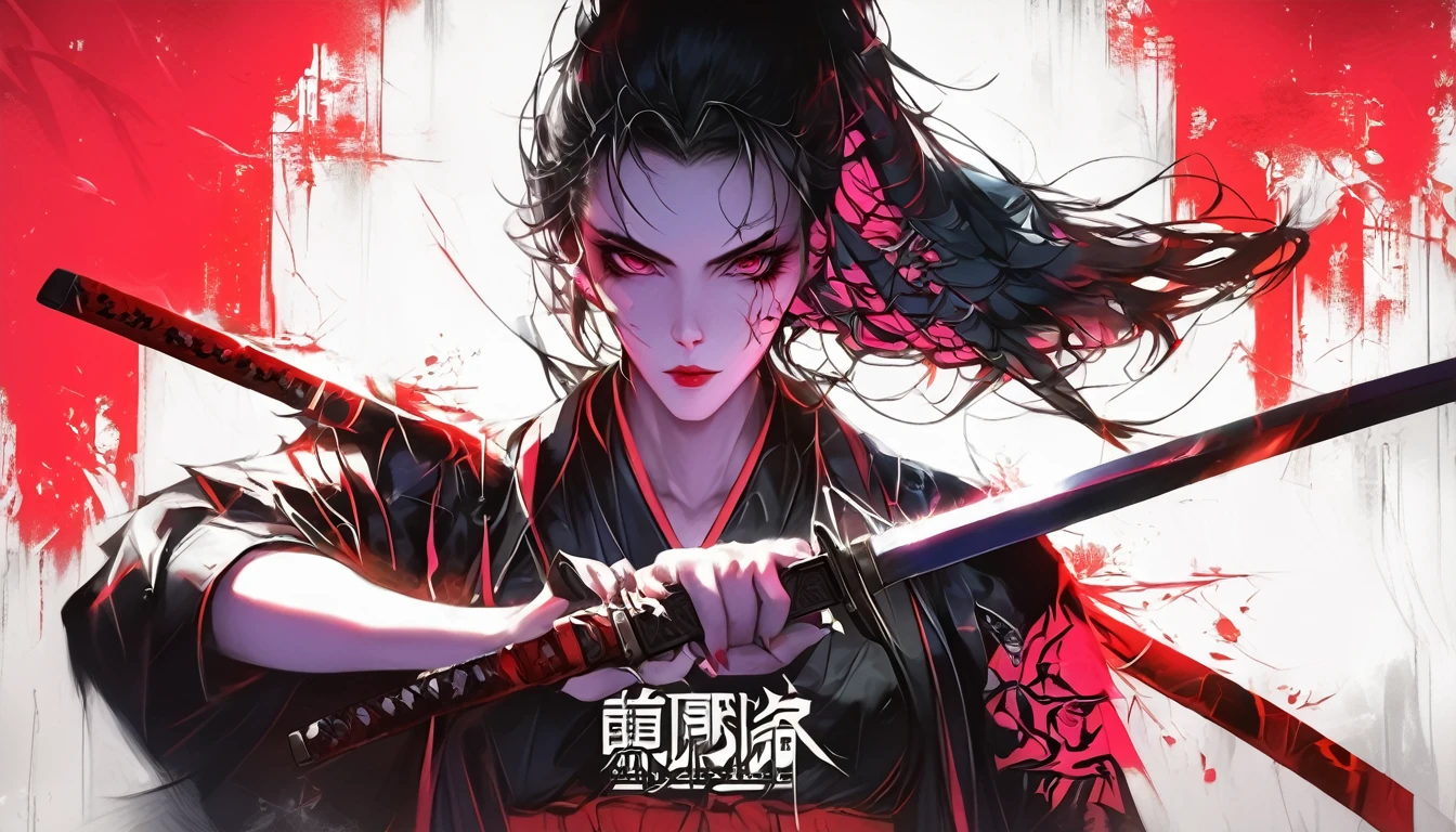 anime, anime, demon, sword, red, black, art, artwork, artwork, digital, artwork, digital art, digital painting, digital art, very beautiful cyberpunk samurai, demon samurai, neon samurai, cyberpunk samurai, demon samurai warrior, badass anime 8 k, she is holding a katana sword, portrait of a cyberpunk samurai, cyberpunk geisha, cyborg samurai