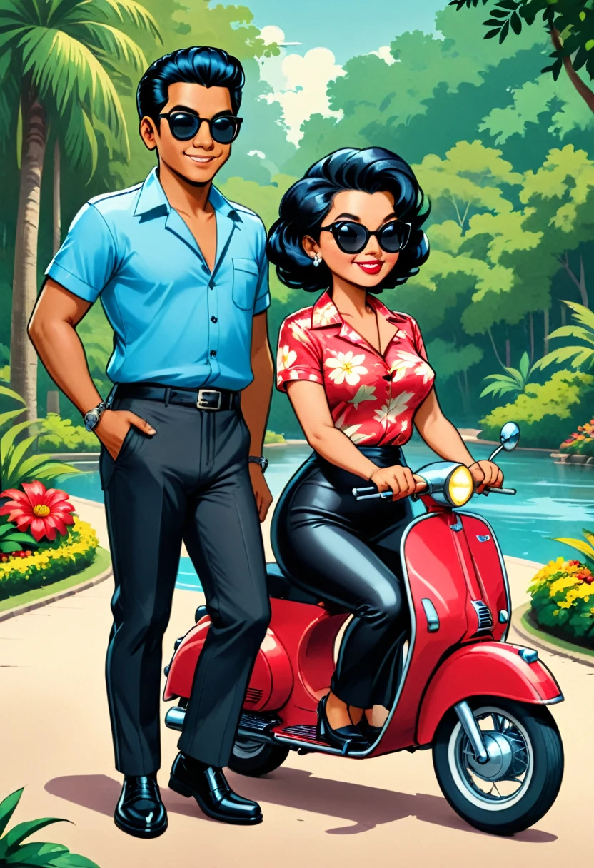 A retro comic cover, classic comic. 1980’s comic title “from TAIPING with LOVE”. A very skinny Malay man wears flowers shirt with black pants, wearing black leather shoes. he has a big crest hair, wear Wayfarer Rayban sunglasses. a malay very fat woman wearing red baju kurung, wear Marilyn Monroe 60’s sunglasses, a curly afro hair style, the couple riding a white classic vespa . background of tropical forest lake garden with a fountain in the middle of the lake.