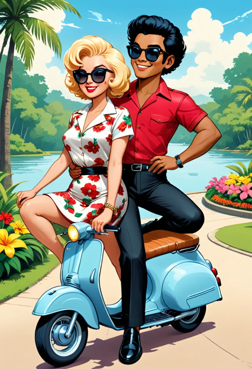 A retro comic cover, classic comic. 1980’s comic title “from TAIPING with LOVE”. A very skinny Malay man wears flowers shirt with black pants, wearing black leather shoes. he has a big crest hair, wear Wayfarer Rayban sunglasses. a malay very fat woman wearing red baju kurung, wear Marilyn Monroe 60’s sunglasses, a curly afro hair style, the couple riding a white classic vespa . background of tropical forest lake garden with a fountain in the middle of the lake.