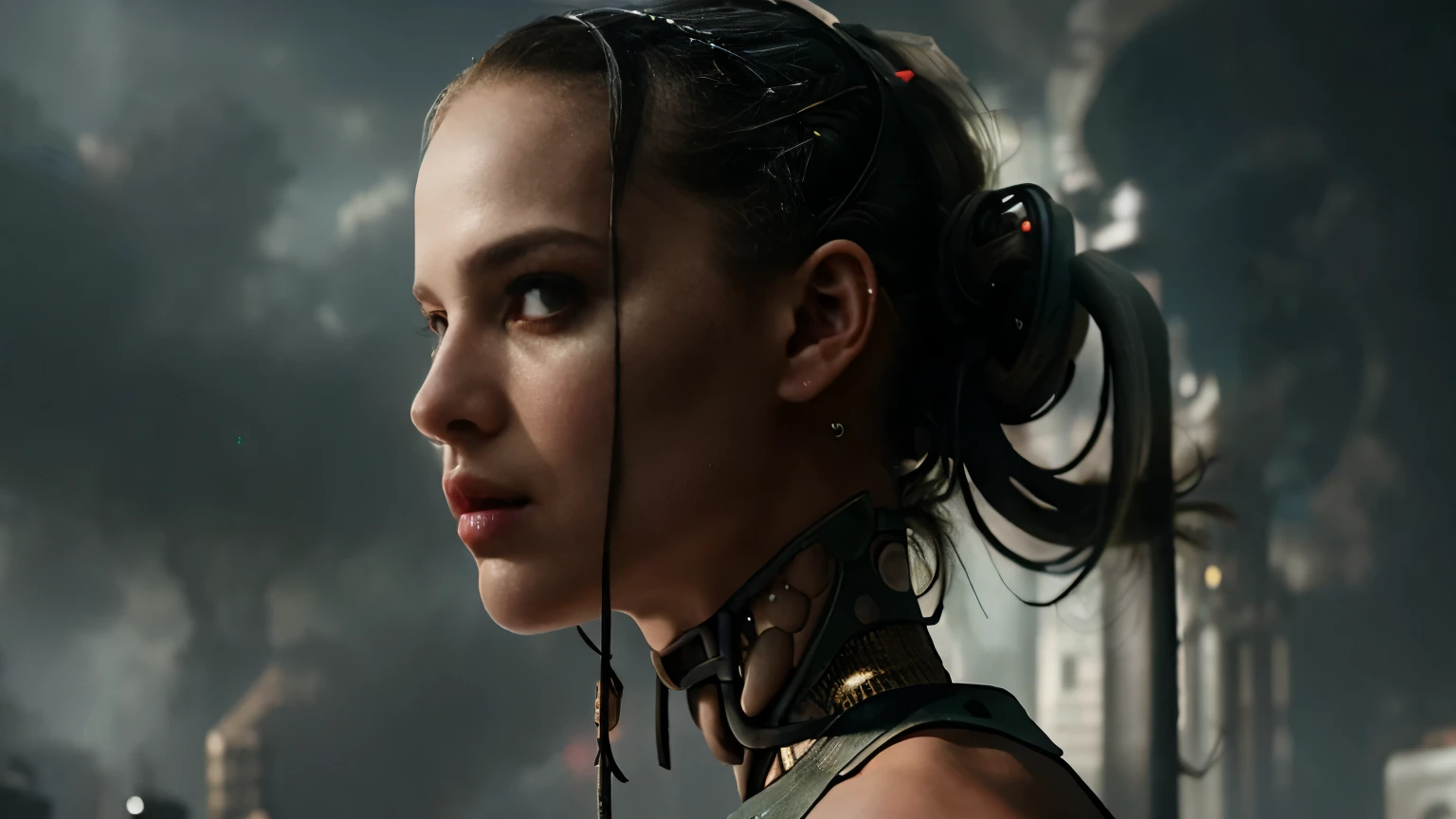 Alexandra Kroha, a picture of sexy android, long silver hair, , villain, she is coming to you, up close, ( green smoke cloud background), lightning, bright eyes, wearing a cyber clothes, wires, leds, (up close:1.3) blade runner, hair tied