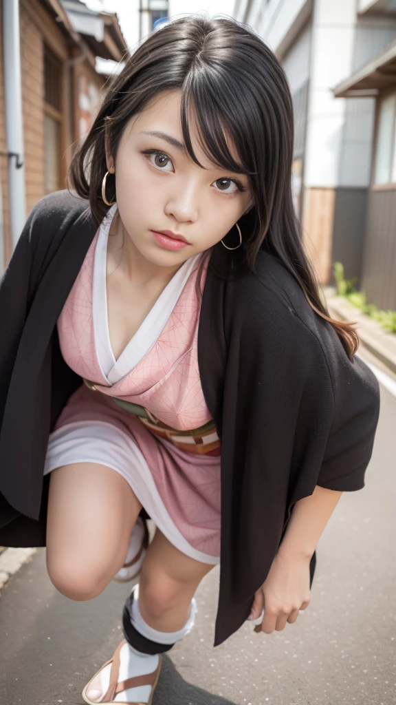 Cute Japanese woman, (16 years old), (Very cute face: 1.3), White moisturized skin,
BREAK,
Fighter, Kung Fu fighter, Idol,
BREAK,
(Wearing cute kimono: 1.3), (Very revealing kimono), Very large earrings, Short length,
BREAK,
(Long hair), (Bangs: 1.2), (Black hair), (Wavy hair), (Gradient pink hair: 1.3), (Red tips),
BREAK,
(Realistic: 1.3), Masterpiece, Perfect lighting, (Ultra high resolution), (8K), (Very detailed: 1.4), (From the front), Looking at the camera, Melancholic expression, (Full body),
BREAK,
(Japanese city streets: 1.2), Tokyo Tower in Japan background,
BREAK,
(Demon Slayer: 1.4),
BREAK,
(Hellfire: 1.2), Demon, (Flame: 1.2)