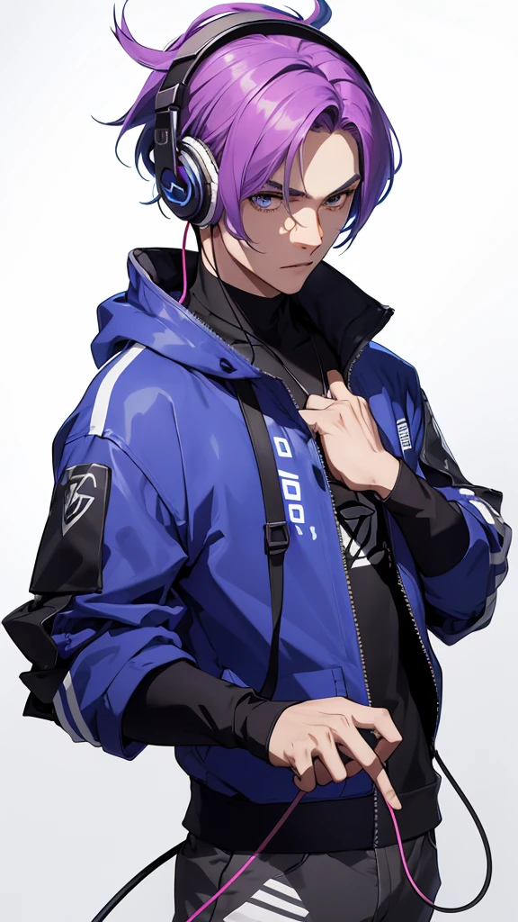 The character must be a young adult with an elegant and relaxed gamer aesthetic. He must wear an elegant and simple outfit details the expression, reminiscent of a magazine cover. world of fashion must have expressive facial features, brightly colored hair (such as blue or purple) and accessories such as headphones, The background should be a calm environment, immersive in listening to music, gaming icons and vibrant lighting. The overall design should convey energy, emotion and passion for music.