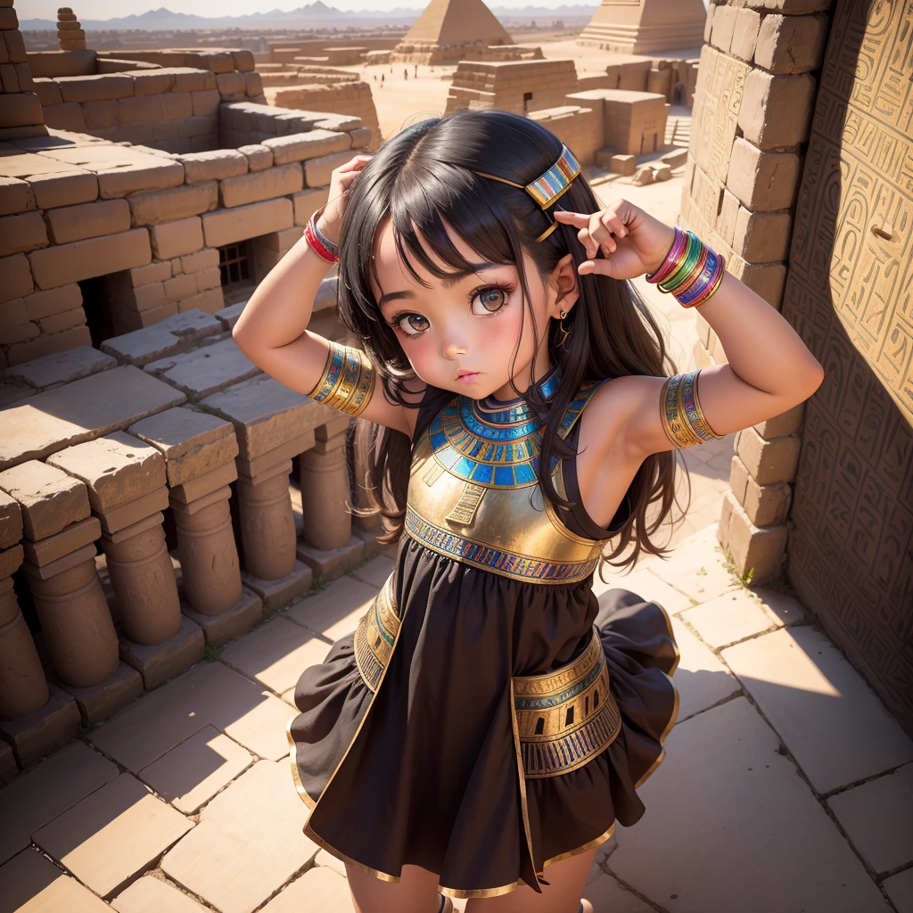 Cute Ancient Egyptian 8 year old girl、A hill overlooking the colorful temples of ancient Egypt、A colorful view of the whole city、whole body