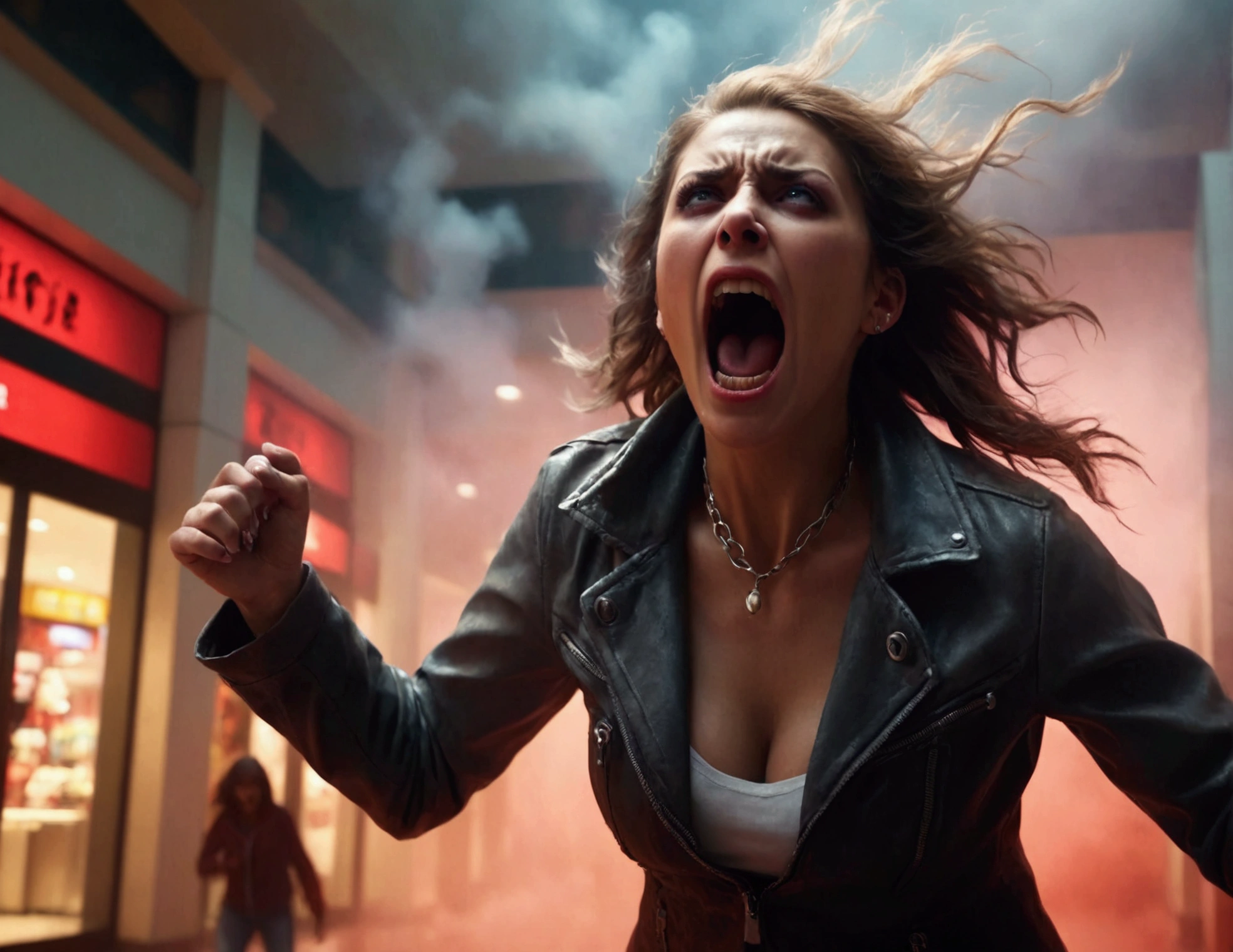 a woman screaming in terror, liquid metal coalescing into a bloodthirsty demon, busy shopping mall, hyper realistic, cinematic lighting, dramatic shadows, volumetric fog, vibrant colors, unreal engine, photorealistic, detailed facial features, expressive eyes, highly detailed, 8k, masterpiece, cinematic composition, dramatic atmosphere, intense contrast, moody lighting