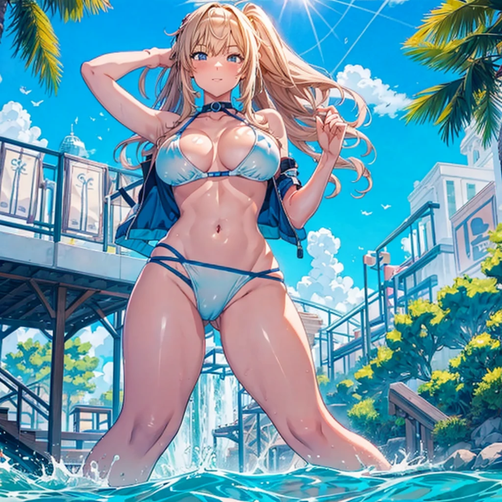 female giant giant girl giantess Bikini Swimsuit Paola Big Breasts Cleavage Float Blue sky, public pool, valley between buildings, waves, splashing water a pool area at an amusement park with people playing in it near water slides, pool, outdoors, tree, day, cloud, scenery, sky, multiple girls, water Masterpiece Unreal Engine Beautiful picture 4k,Pixel art nude 90's chest buttocks