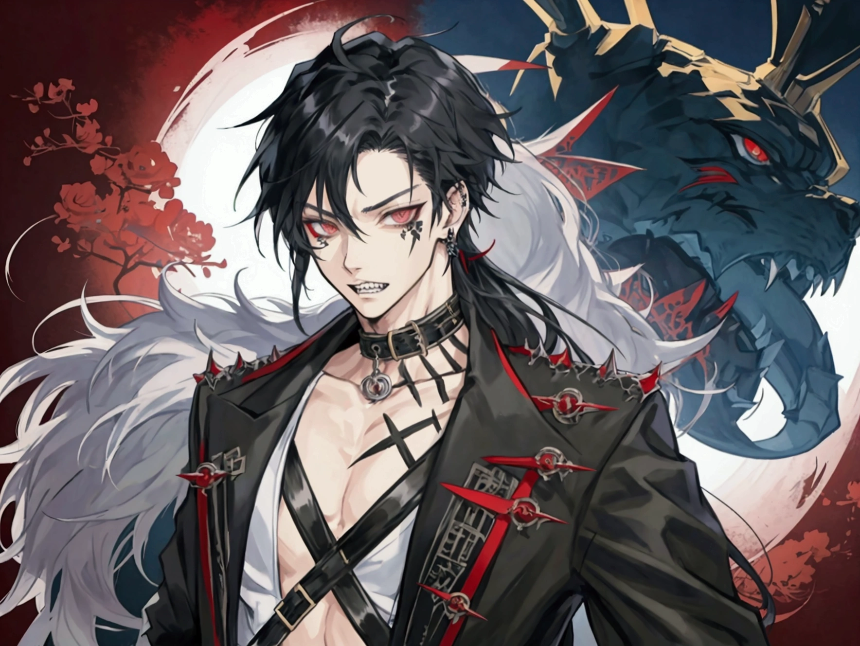 Anime boy with sharp teeth and many peircings, crazy male, attractive, sharp eyes, eyebags, long hair, crazy facial expression, punk clothing style, character sheet, character reference sheet
