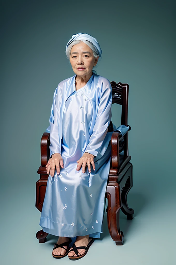 Highly realistic photo, ((masterpiece), (best quality), (raw photo), (photorealistic:1.4), The photo depicts an elderly vietnamese old woman sitting on a chair. She is wearing a dark-colored traditional vietnam aodai and a black headscarf. She is wearing flip-flops and has her hands resting on her lap. The elderly woman has a kind appearance, a thin face with many wrinkles, and white hair. The background of the photo is a gradient from deep blue to light blue. The chair she is sitting on has a classic design with intricate patterns) , photo taken by Sony A7IV
