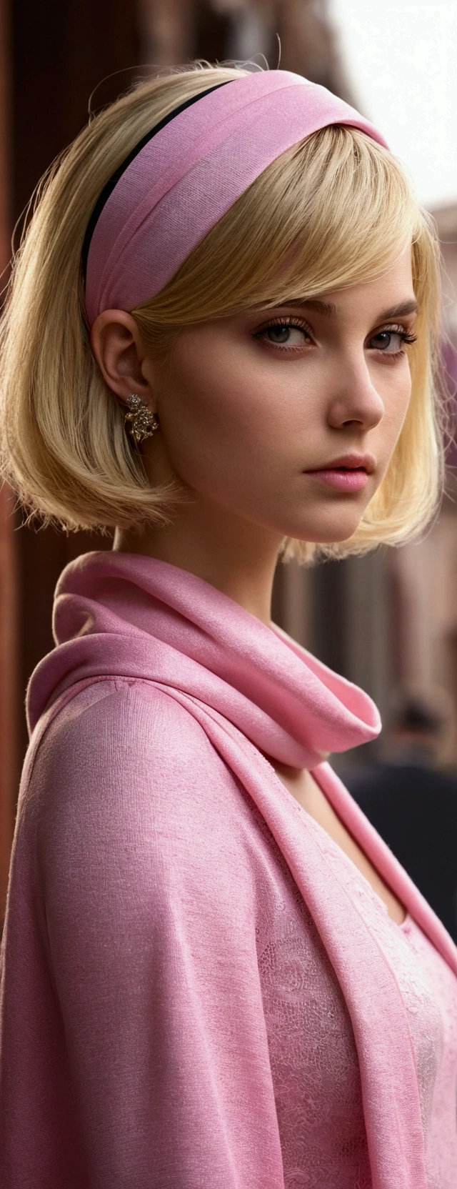 masterpiece), best quality, high resolution blonde 1girl bob cut medium hair standing alone cowl headband profile image looking at viewer beautiful eyes beautiful face extremely detailed pink clothing girly