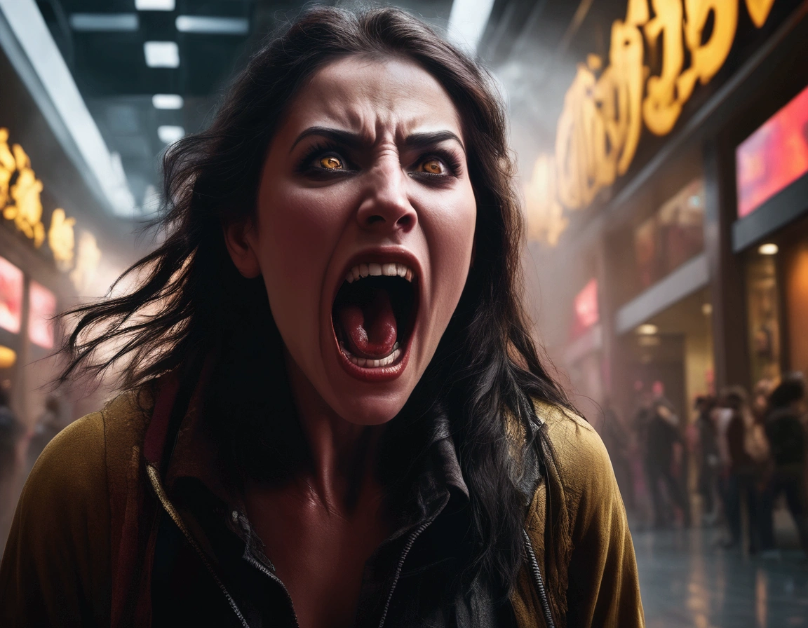 a woman screaming in terror, liquid metal coalescing into a bloodthirsty demon, busy shopping mall, hyper realistic, cinematic lighting, dramatic shadows, volumetric fog, vibrant colors, unreal engine, photorealistic, detailed facial features, expressive eyes, highly detailed, 8k, masterpiece, cinematic composition, dramatic atmosphere, intense contrast, moody lighting
