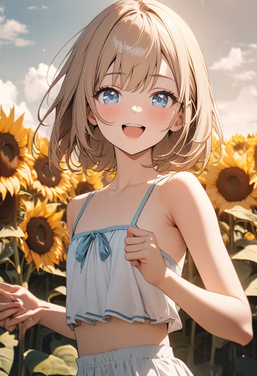 1 girl, 18yo, (flat chest: 1.5), blue eyes, light brown hair, bob cut, summer outfit, smile, open mouth, sunflower field, upper body, (various pose:1.5), bule sky, 8k, RAW photo, best quality, masterpiece, extremely detailed 8k wallpaper, ultra-detailed, best shadow, detailed background, beautiful detailed face, beautiful detailed eyes, nice hands, perfect hands