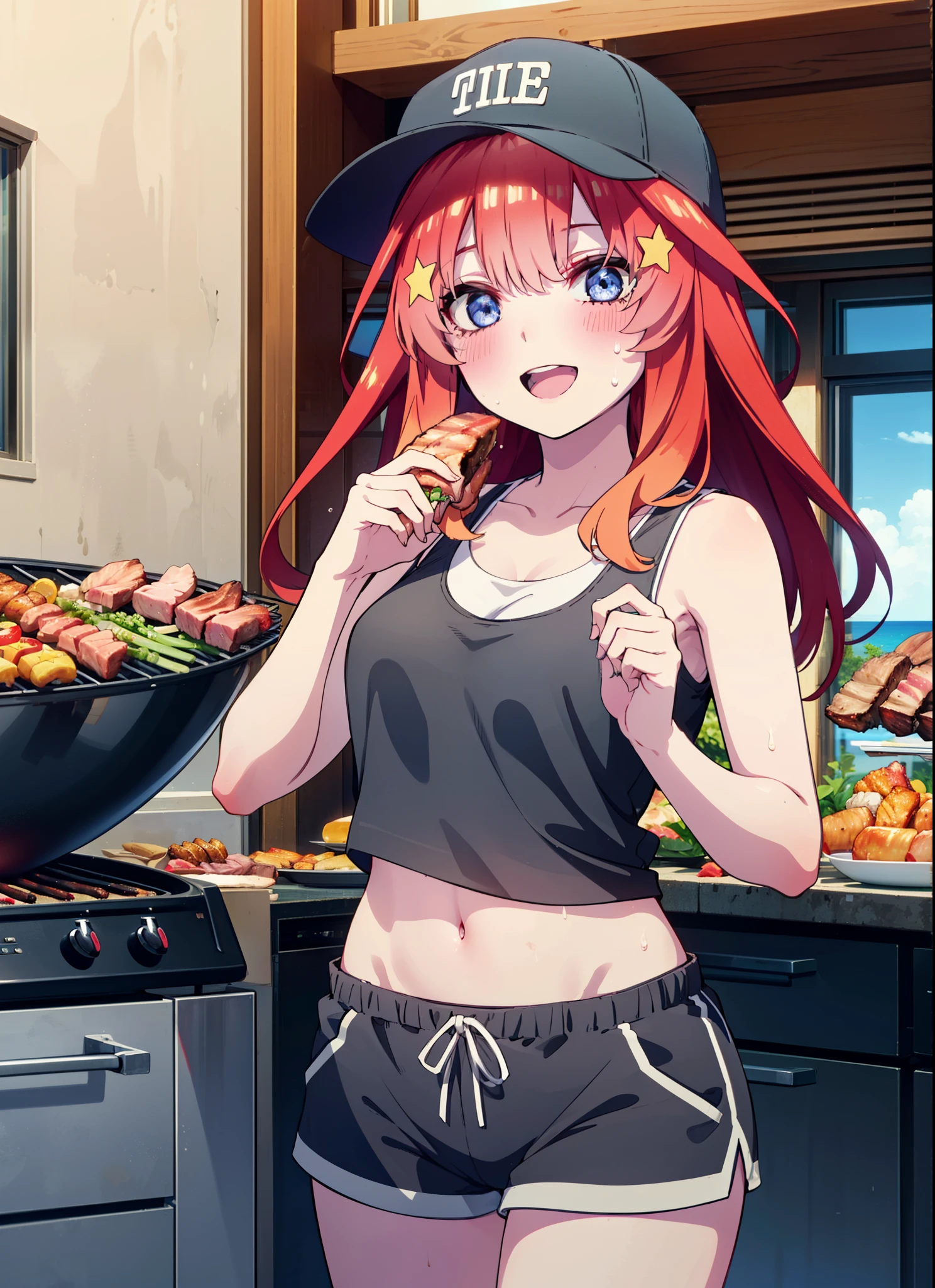 itsukinakano, Itsuki Nakano, bangs, blue eyes, Hair between the eyes, Redhead, star \(symbol\), hair ornaments, star hair ornaments,Baseball hats,happy smile, smile, Open your mouth,Red Tank Top,Belly button,Shorts,barefoot,Sweat,Beach,barbecue,cooking,Grilled meat,barbecue,Grilling meat,eating meat,Grilled meat,Palm tree,True Summer,Daytime,Clear skies,
break indoors, Beach,Sandy Beach,
break looking at viewer, (Cowboy Shot:1.5),
break (masterpiece:1.2), Highest quality, High resolution, unity 8k wallpaper, (figure:0.8), (Beautiful attention to detail:1.6), Highly detailed face, Perfect lighting, Highly detailed CG, (Perfect hands, Perfect Anatomy),