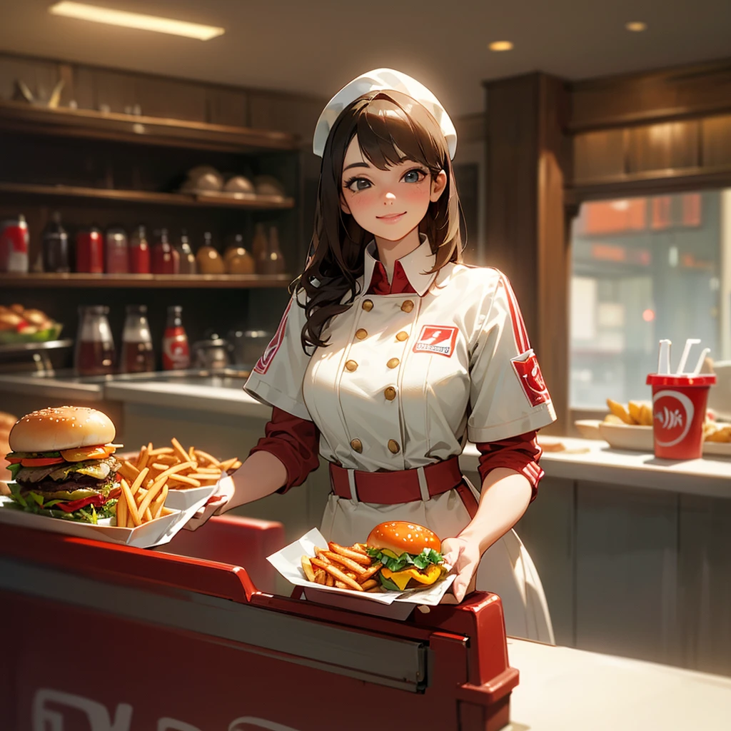 high quality, 8k, realistic, detailed, photorealistic, masterpiece, 1 female fast food worker, wearing a red and white uniform, standing behind a counter, holding a tray with hamburgers, french fries and a soft drink, smiling at the camera, blurred background with restaurant interior, natural lighting, warm color tones, clean and tidy, intricate details, hyper realistic