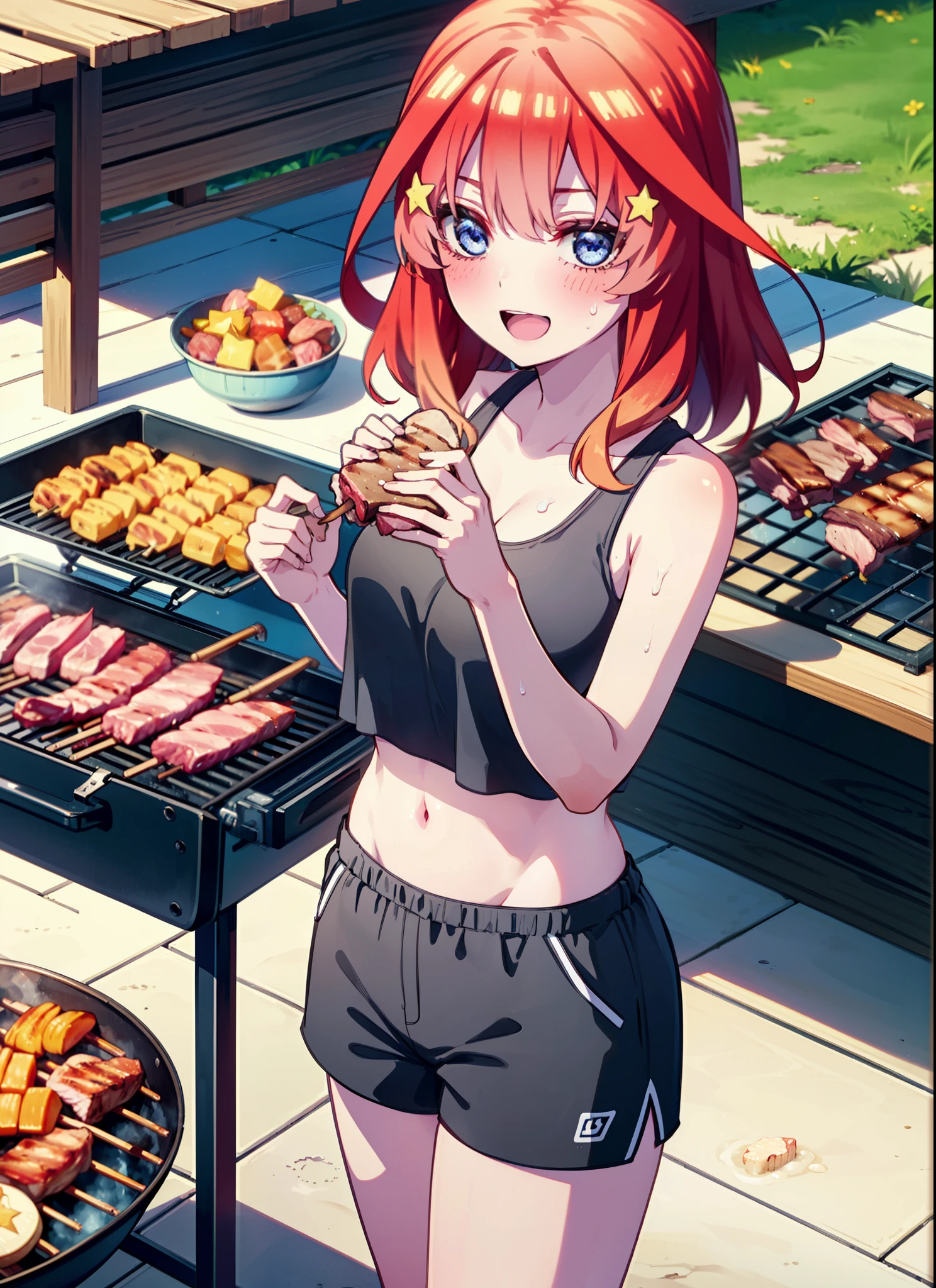 itsukinakano, Itsuki Nakano, bangs, blue eyes, Hair between the eyes, Redhead, star \(symbol\), hair ornaments, star hair ornaments,Baseball hats,happy smile, smile, Open your mouth,Red Tank Top,Belly button,Shorts,barefoot,Sweat,Beach,barbecue,cooking,Grilled meat,barbecue,Grilling meat,eating meat,Grilled meat,Palm tree,True Summer,Daytime,Clear skies,
break indoors, Beach,Sandy Beach,
break looking at viewer, (Cowboy Shot:1.5),
break (masterpiece:1.2), Highest quality, High resolution, unity 8k wallpaper, (figure:0.8), (Beautiful attention to detail:1.6), Highly detailed face, Perfect lighting, Highly detailed CG, (Perfect hands, Perfect Anatomy),