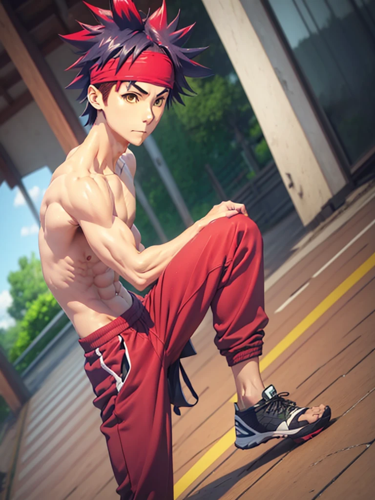yukihira wear trousers walking in the rain with a six-pack body and a headband attached to his waist, as well as a cold expression, 3d, 4k