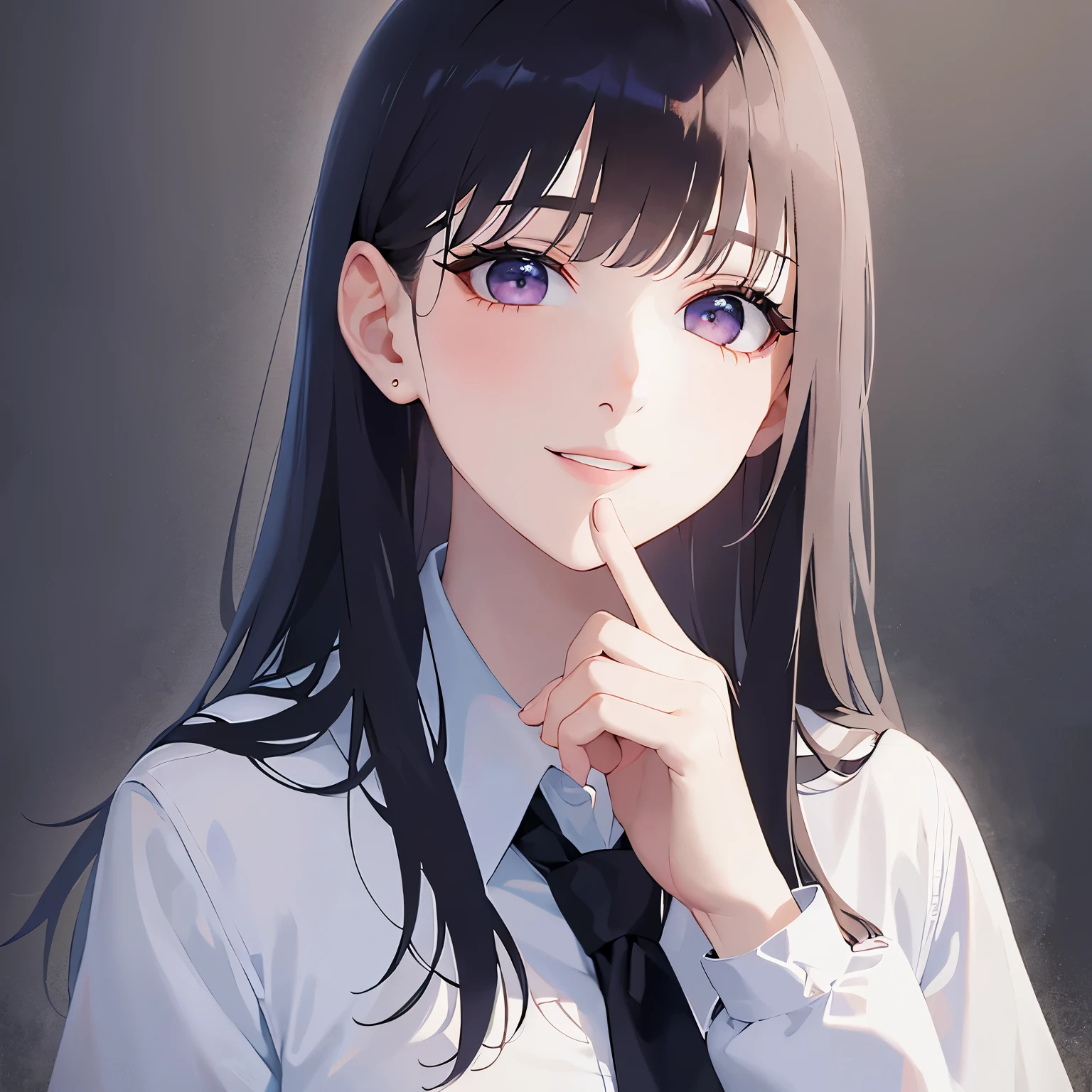 close-up,(looking at viewer:1.5),Looking up,(hand on own ear:1.5)、
Realistic, real person, (pale skin: 1.2), RAW photo, photorealistic, shiny skin, shiny hair、
(A 25-year-old woman with straight hair and bangs) and (medium hair) and (black hair) and (purple eyes) ,
(Wearing a business suit) and (Wearing a white collared shirt)、
(smile:1.5),Background is an office room、Alone、Are standing、