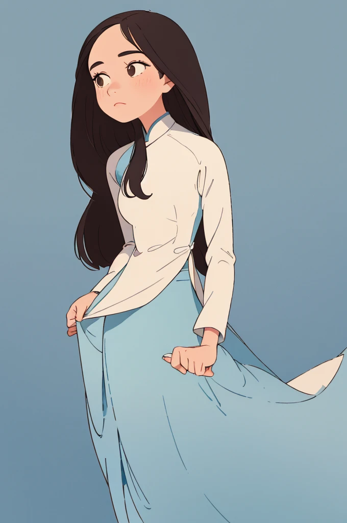 Create a minimalist style illustration of a 19th-century Vietnamese girl wearing a traditional áo dài and a nón lá. The design should have a vintage character with simple and clean lines. The girl stands gracefully, her áo dài flowing elegantly. She wears a nón lá that casts a gentle shadow on her face, giving a serene and calm expression. Use a muted color palette with soft pastels to evoke a vintage feel. The background should be a solid color to highlight the simplicity and elegance of the character
