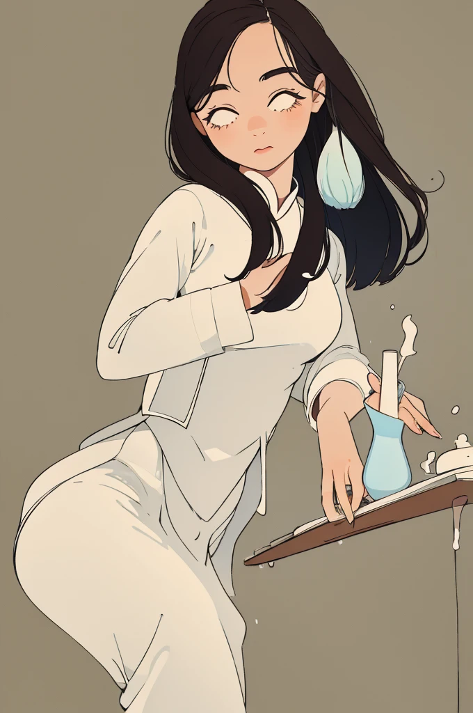 Create a minimalist style illustration of a 19th-century Vietnamese girl wearing a traditional áo dài and a nón lá. The design should have a vintage character with simple and clean lines. The girl stands gracefully, her áo dài flowing elegantly. She wears a nón lá that casts a gentle shadow on her face, giving a serene and calm expression. Use a muted color palette with soft pastels to evoke a vintage feel. The background should be a solid color to highlight the simplicity and elegance of the character