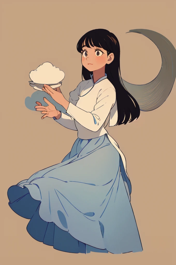 Create a minimalist style illustration of a 19th-century Vietnamese girl wearing a traditional áo dài and a nón lá. The design should have a vintage character with simple and clean lines. The girl stands gracefully, her áo dài flowing elegantly. She wears a nón lá that casts a gentle shadow on her face, giving a serene and calm expression. Use a muted color palette with soft pastels to evoke a vintage feel. The background should be a solid color to highlight the simplicity and elegance of the character