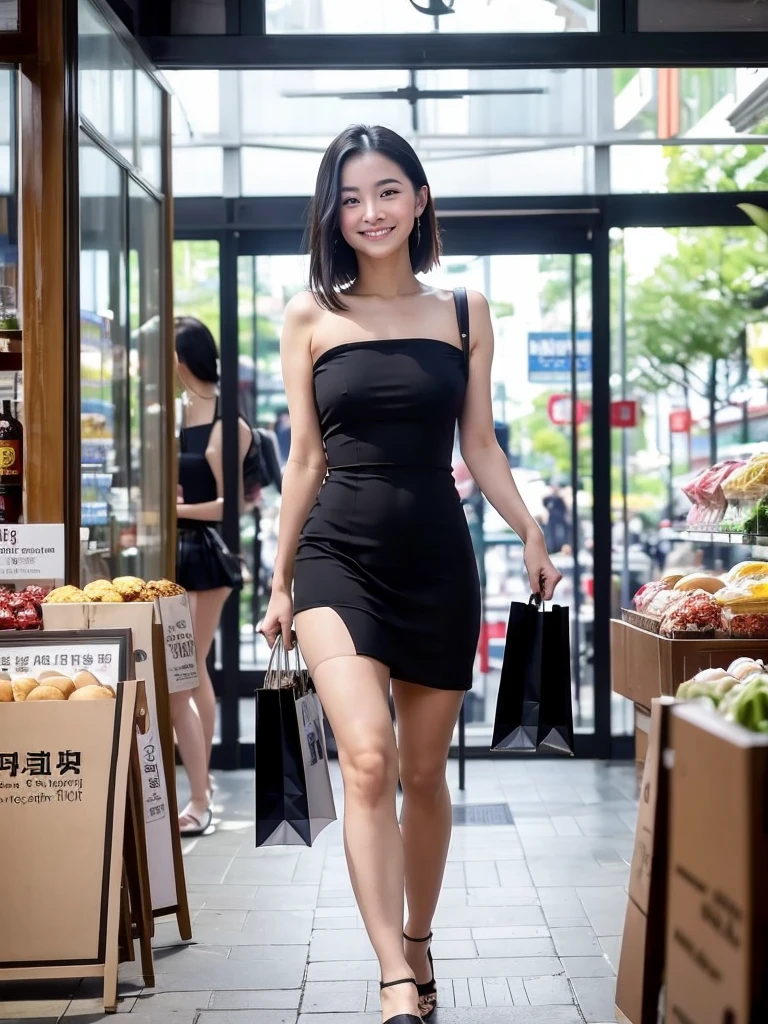 In a bustling mall in Manila、A beautiful young Filipino woman walking gracefully。She wore a simple and elegant dress.、Bright and healthy skin glowing。Her black, lustrous hair sways gently on her shoulders.、Her elegant smile accentuates her face even more.。holding a shopping bag、Looking curiously at the window displays、Every time I find a store I like, I stop by.。Blending in with the hustle and bustle of the surrounding area、It stands out with its attractive presence。