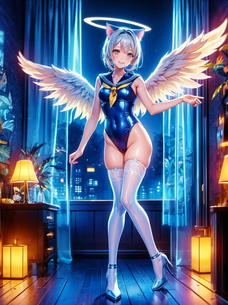 Highest quality,Highest Resolution,Smiling cat-eared girl in sailor leotard,White angel wings on your back,Halo,High leg,Knee-high stockings,front,whole body,up,Very beautiful eyes,Put your hands out in front of you,Bedroom,Night view outside the window,