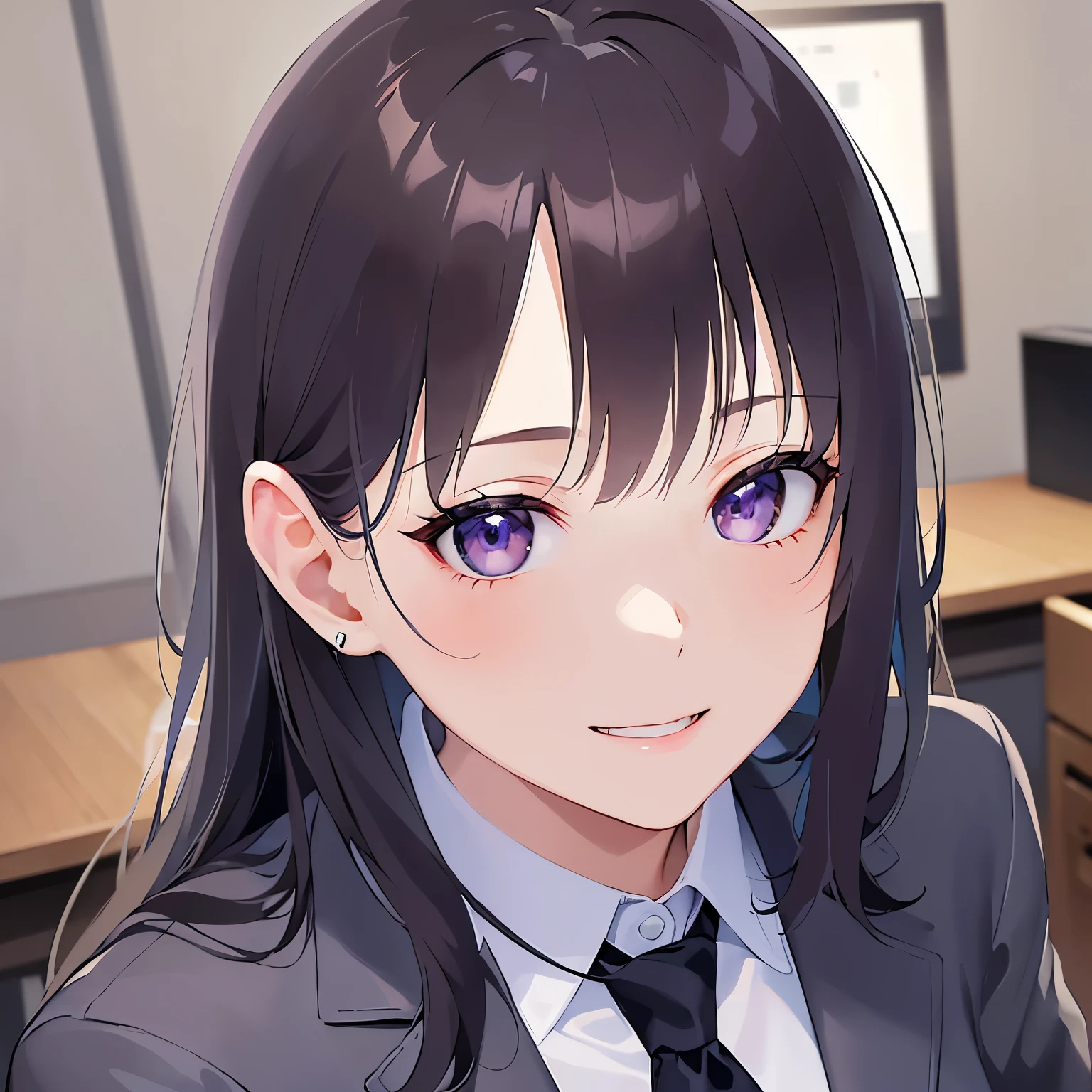close-up,(looking at viewer:1.5),Looking up,(hand on own ear:1.5)、
Realistic, real person, (pale skin: 1.2), RAW photo, photorealistic, shiny skin, shiny hair、
(A 25-year-old woman with straight hair and bangs) and (medium hair) and (black hair) and (purple eyes) ,
(Wearing a business suit) and (Wearing a white collared shirt)、
(smile:1.5),Background is an office room、Alone、Are standing、