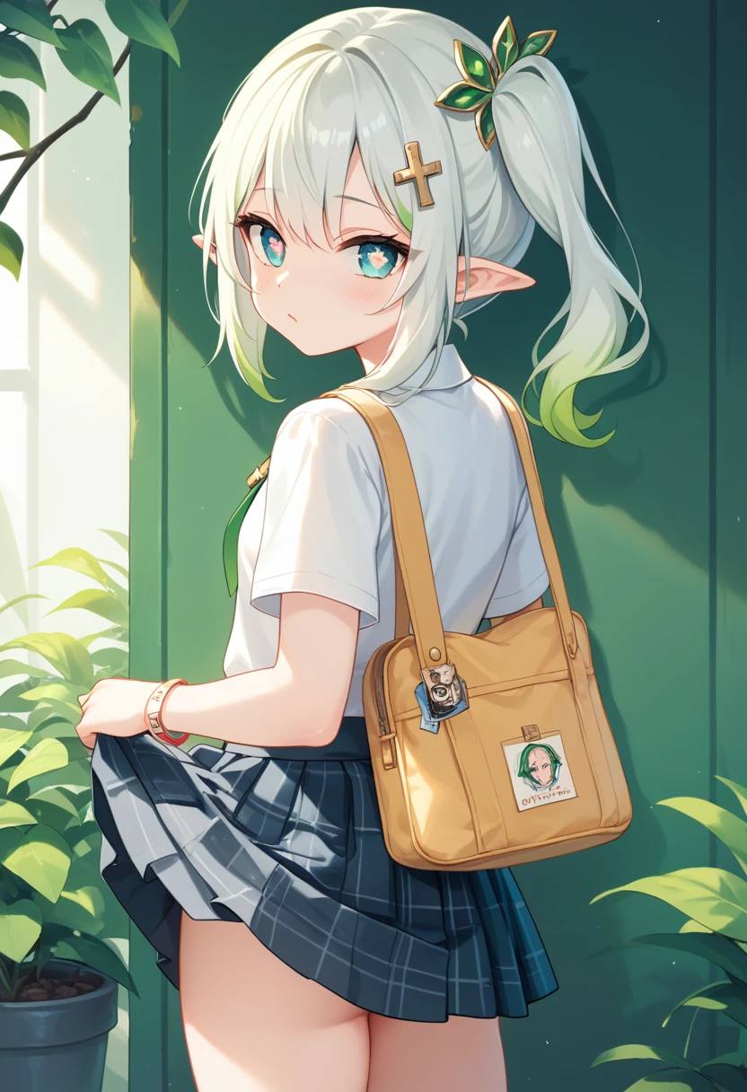 no back ground, Skirt Lift, 8 years old, , out, ssmile, bright sunny, bright sunlight, gram, cross-shaped pupils, pointy ears, hair ornament, White hair, green hair lock, side ponytail, work of art, best qualityer