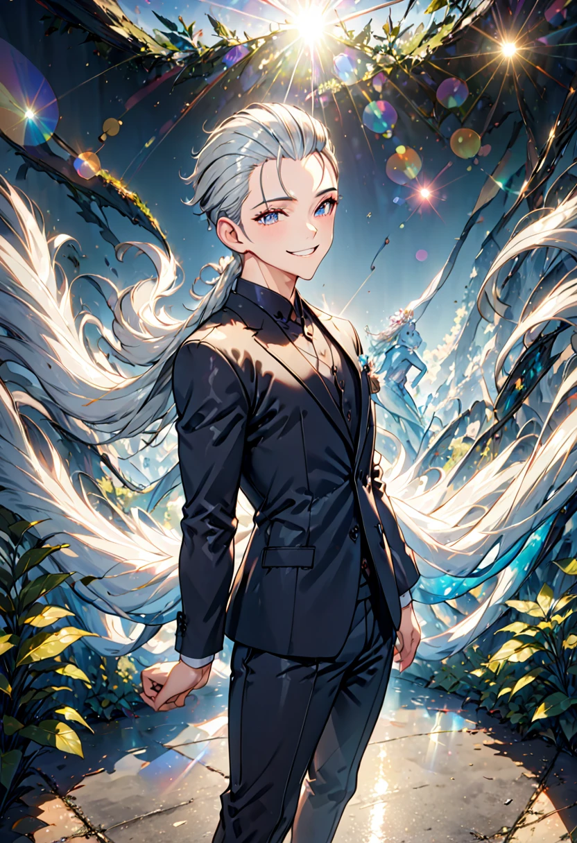 silver hair, hair slicked back, shiny hair, Surrealism, cowboy shot, lens flare, アニメ, アニメ, conceptual art, 8k, super detail, uhd, masterpiece, accurate, anatomically correct, textured skin, super detail, high details, high quality, award winning, best quality, highres、Wicked Smile 、Pretty handsome、male、suit、counselor、Tea suits you