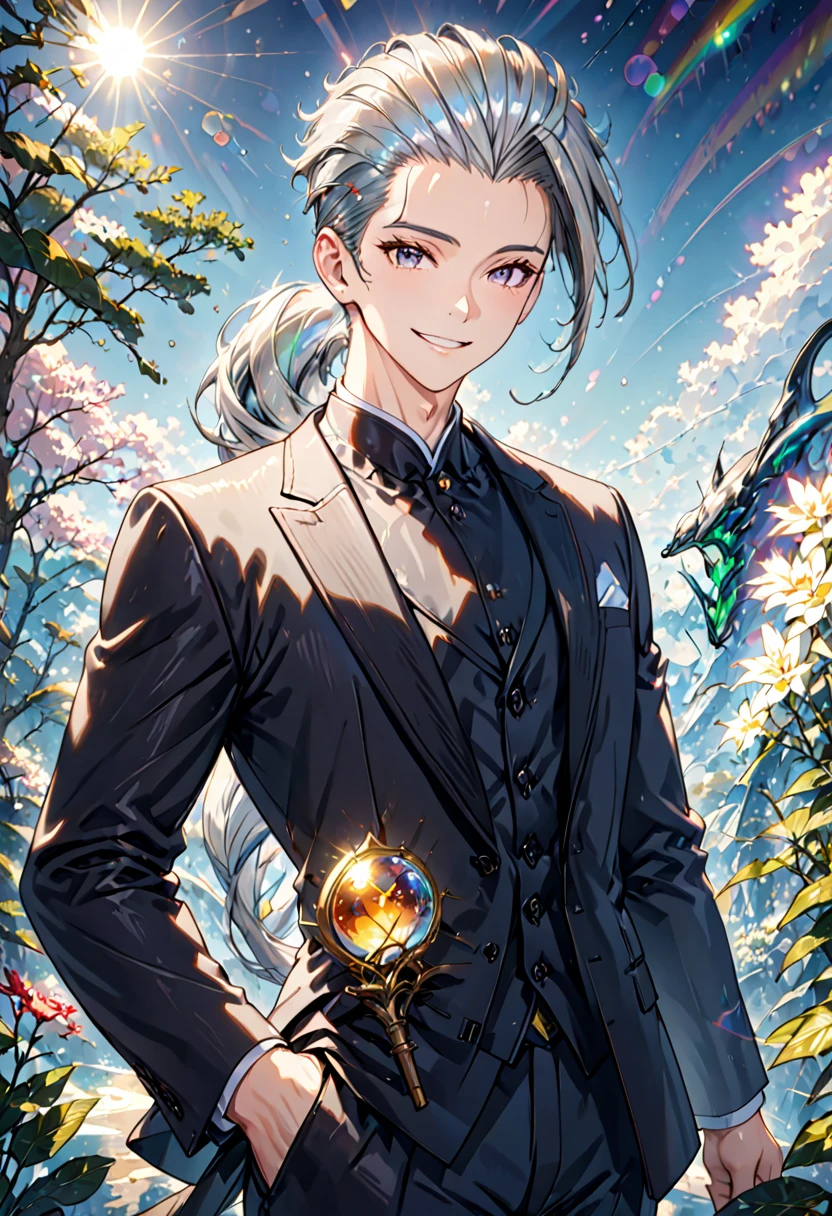 silver hair, hair slicked back, shiny hair, Surrealism, cowboy shot, lens flare, アニメ, アニメ, conceptual art, 8k, super detail, uhd, masterpiece, accurate, anatomically correct, textured skin, super detail, high details, high quality, award winning, best quality, highres、Wicked Smile 、Pretty handsome、male、suit、counselor、Tea suits you