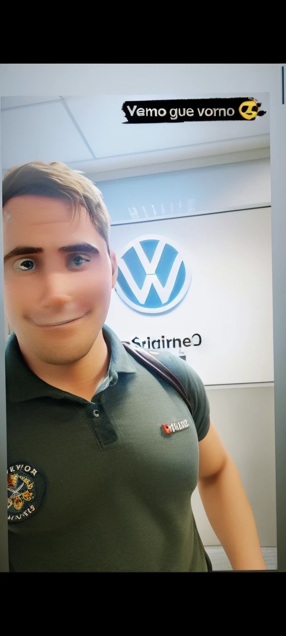Disney Pixar 3D, high qualiy, young brunette man, firefighter, Volkswagen logo on the back