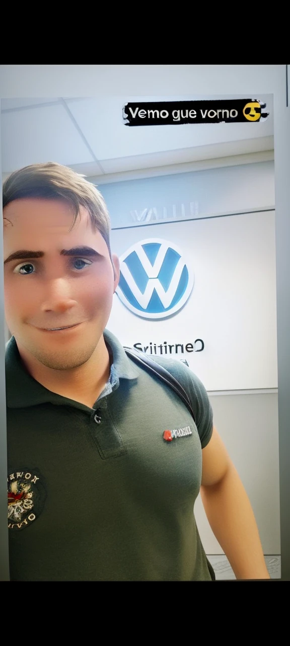 Disney Pixar 3D, high qualiy, young brunette man, firefighter, Volkswagen logo on the back 