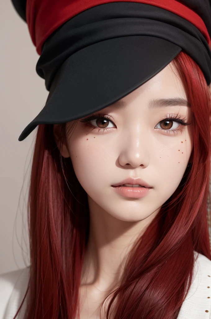 KOREAN, redheadwear , mole under the eye 
