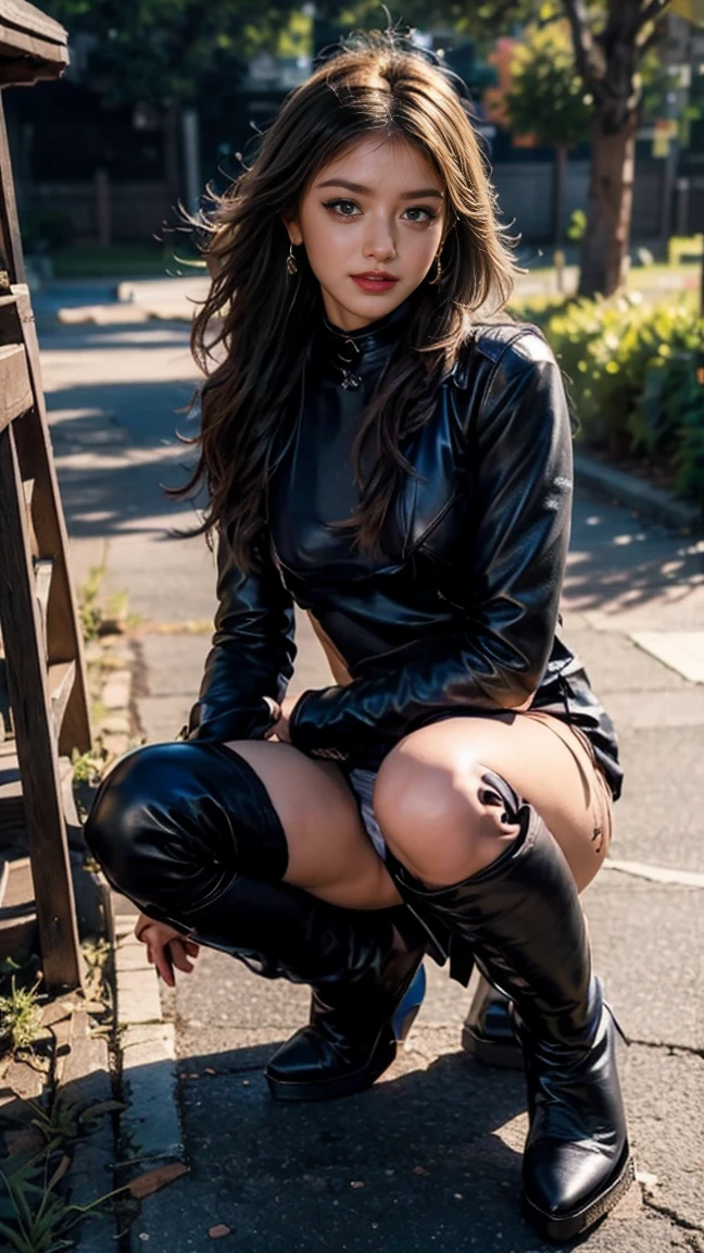 8k, masterpiece, RAW Photos, Highest quality, Realistic, extremely detailed CG unity 8k wallpaper, Depth of written boundary, Cinematic Light, girl:1.7,20 years old Anatomically correct,Beautiful details, Highest quality, High resolution, (Realistic:1.4), High resolution RAW color photos, Professional photos, Highly detailed eyes and face, Natural light, Facial details,Sunburned skin:1.5, Glowing Skin, Tight waist, Small Ass, Thin legs,(Pink Lips, Dark Blush,),(Earrings)、(Black knee-high boots:1.8)、Small face、smile、Blonde:1.8,Platinum Hair,Brown Hair,,Wavy Hair,(What's left behind:1.8),D cup breasts,(15cm stiletto heel:1.8),Dark Room,(Black Leather Bikini:1.8),(Thin panties:1.8),(Low-rise panties:1.8),(black leather choker:1.5),look forward to, (Standing posture:1.8),(Stand on your own two feet:1.8),Long eyelashes:1.8,Big eyes:1.8,Close your mouth:1.8,I can see your belly:1.9,