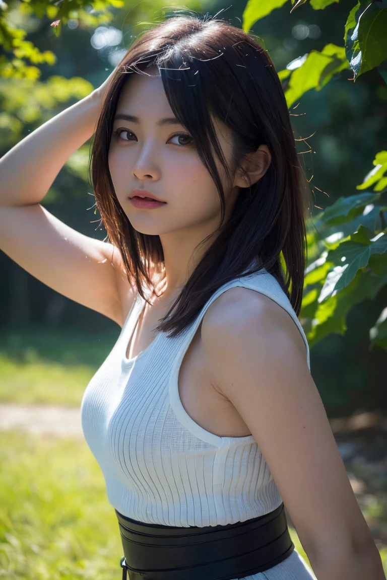 (Highest quality:1.4),(masterpiece:1.4),(Realistic:1.4),(Realistic:1.2),(超High resolution, RAW Photos:1.4),(High resolution, Ultra-detailed:1.2),(8k:1.2),Cinematic photography,a photo of a dark-haired,One girl,alone,wear ,((Japanese female warrior))、((Upper Body:1.3))、Raise your arms to show your sides、((Raise your arms to show your sides))、In the park