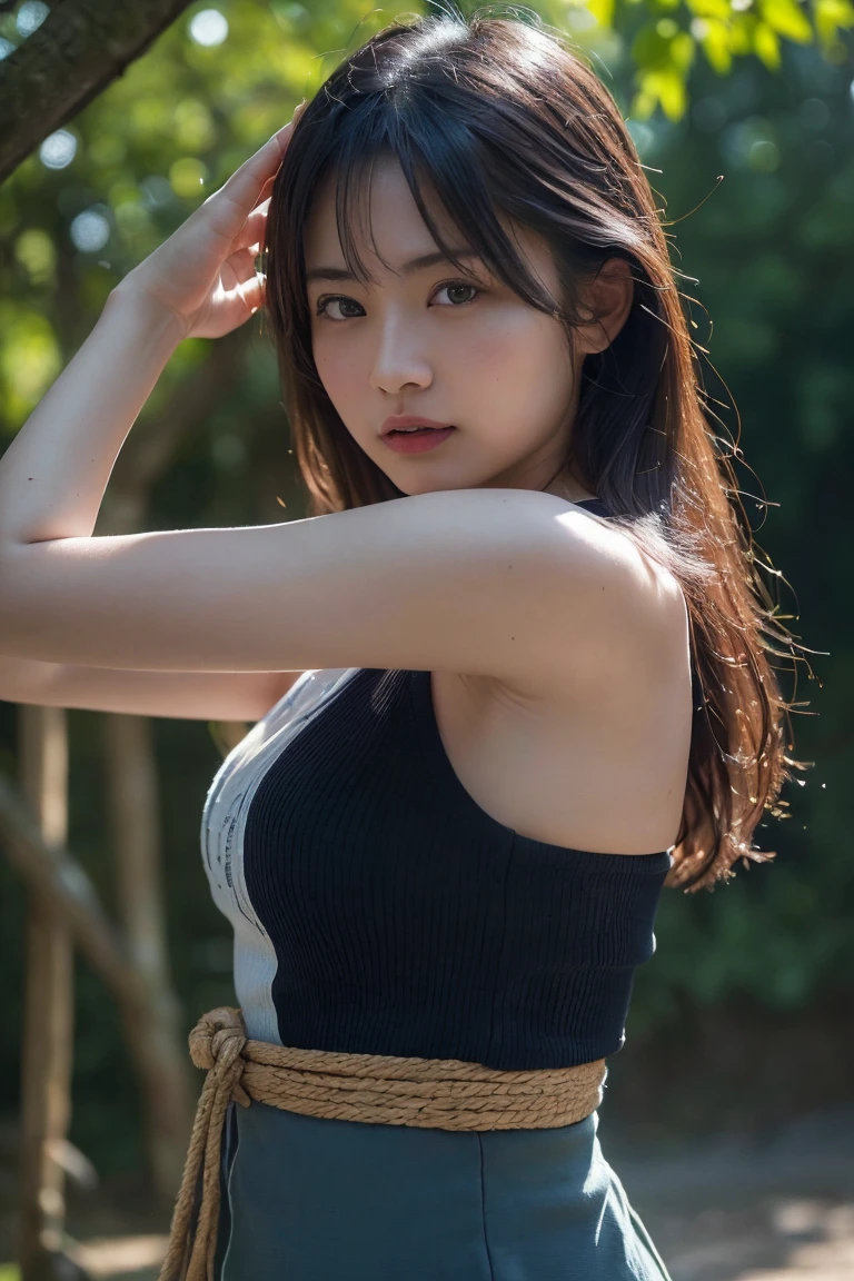 (Highest quality:1.4),(masterpiece:1.4),(Realistic:1.4),(Realistic:1.2),(超High resolution, RAW Photos:1.4),(High resolution, Ultra-detailed:1.2),(8k:1.2),Cinematic photography,a photo of a dark-haired,One girl,alone,wear ,((Japanese female warrior))、((Upper Body:1.3))、Raise your arms to show your sides、((Raise your arms to show your sides))、In the park