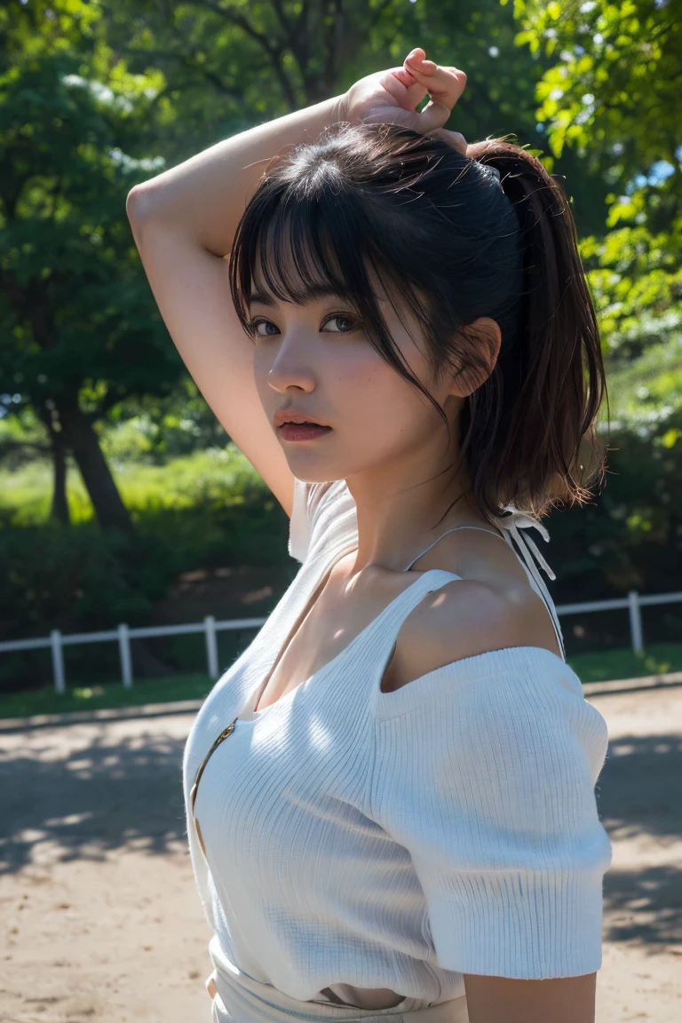 (Highest quality:1.4),(masterpiece:1.4),(Realistic:1.4),(Realistic:1.2),(超High resolution, RAW Photos:1.4),(High resolution, Ultra-detailed:1.2),(8k:1.2),Cinematic photography,a photo of a dark-haired,One girl,alone,wear ,((Japanese female warrior))、((Upper Body:1.3))、Raise your arms to show your sides、((Raise your arms to show your sides))、In the park