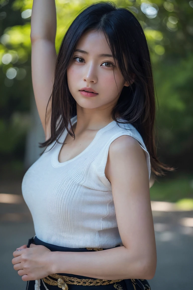 (Highest quality:1.4),(masterpiece:1.4),(Realistic:1.4),(Realistic:1.2),(超High resolution, RAW Photos:1.4),(High resolution, Ultra-detailed:1.2),(8k:1.2),Cinematic photography,a photo of a dark-haired,One girl,alone,wear ,((Japanese female warrior))、((Upper Body:1.3))、Raise your arms to show your sides、((Raise your arms to show your sides))、In the park