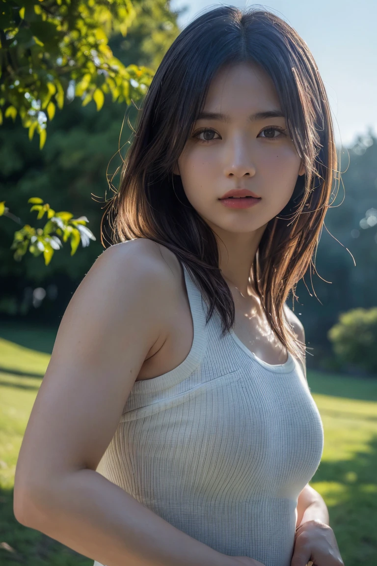 (Highest quality:1.4),(masterpiece:1.4),(Realistic:1.4),(Realistic:1.2),(超High resolution, RAW Photos:1.4),(High resolution, Ultra-detailed:1.2),(8k:1.2),Cinematic photography,a photo of a dark-haired,One girl,alone,wear ,((Japanese female warrior))、((Upper Body:1.3))、Raise your arms to show your sides、((Raise your arms to show your sides))、In the park