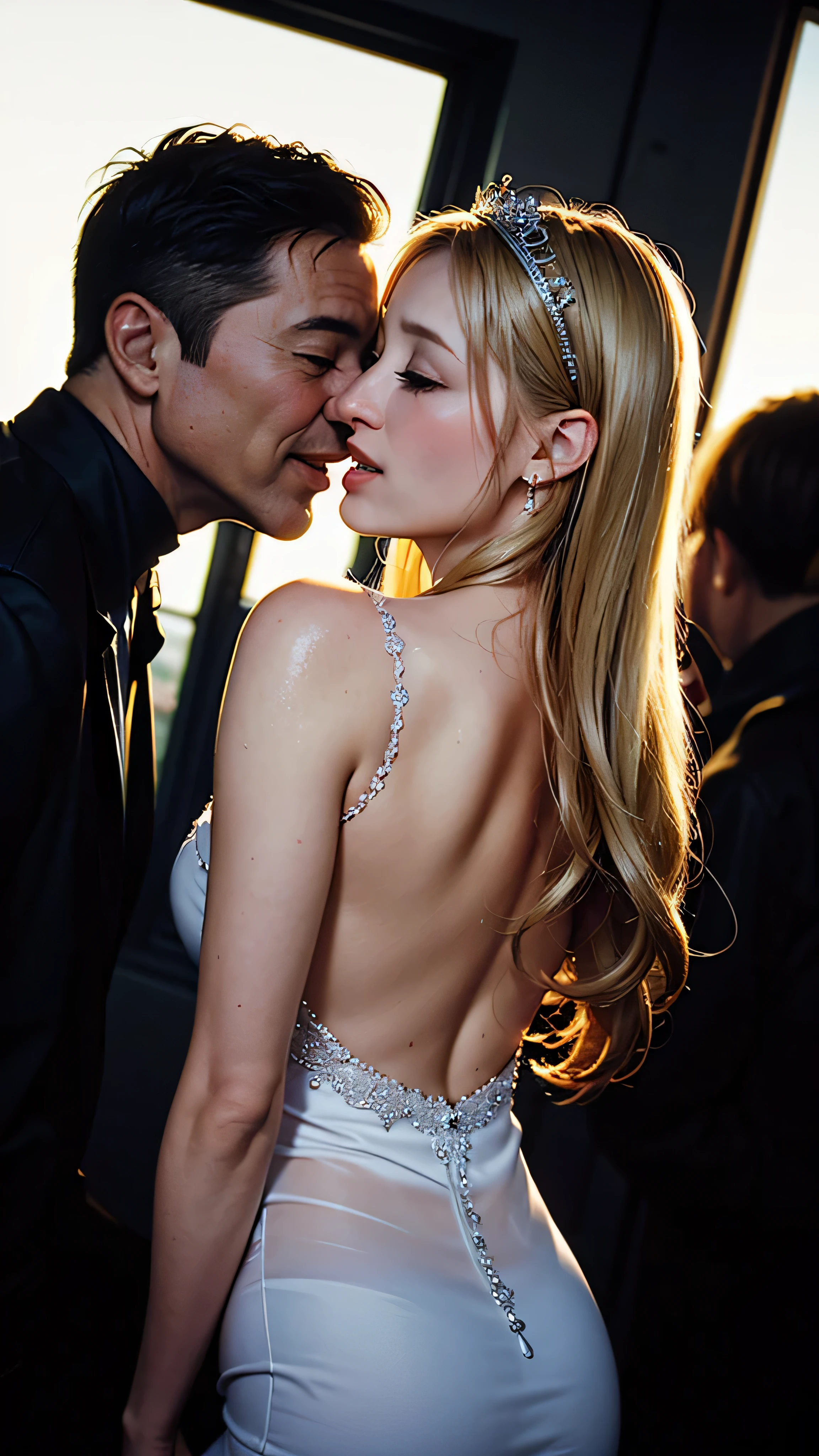 { 1girl, ((surrounded by 2 old men laughing)), ((lean forward)), ((((??? from behind)))), (kissing to another man), (seen from front side) }, { (masterpiece:1.4), (absurd resolution:1.4), (best quality:1.8), (photo realistic:1.8), (Luminous lighting:0), (Chiaroscuro:1.5) }, { (young, 20 years old),(blushed),(aroused:1.6),(weeping),(panting), (wet shiny skin), ((slender body)), (beautiful big pelvis), ((blonde)) long hair }, { ((see-through)) bridal dress, tiara }