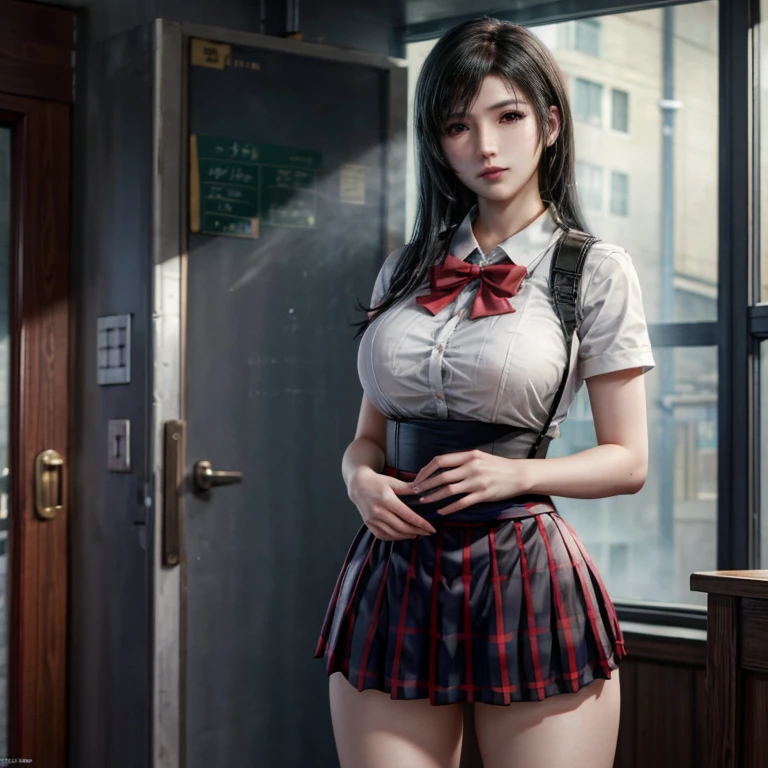 school girl uniform , steam , rain , plaid skirt , pleated skirt , The shirt is tight. , white shirt , school girl , red bow , red knot , highly detailed photo of Tifa Lockhart posing, final fantasy 7 remake
